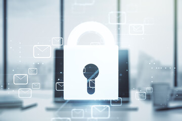 Poster - Creative concept with lock symbol and postal envelopes illustration on modern laptop background. Protection and firewall concept. Multiexposure