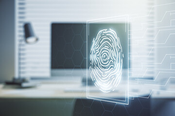 Poster - Double exposure of abstract creative fingerprint hologram on laptop background, research and development concept