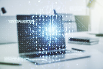 Poster - Creative code skull hologram on modern computer background, cybercrime and hacking concept. Multiexposure