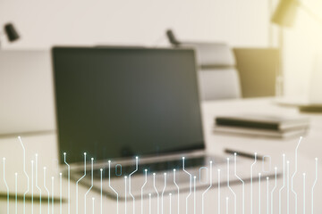Poster - Double exposure of circuit hologram on laptop background. Research and development hardware concept