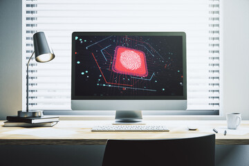 Aufkleber - Computer monitor with abstract fingerprint scan interface, digital access concept. 3D Rendering