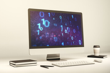 Poster - Creative abstract binary code sketch on modern laptop monitor, hacking and matrix concept. 3D Rendering