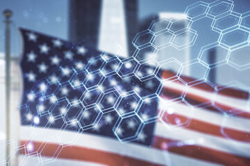 Poster - Double exposure of abstract virtual technology hologram with hexagon on USA flag and blurry skyscrapers background. Research and development software concept