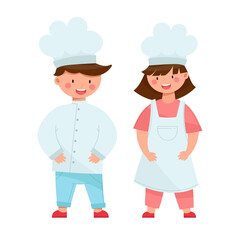 Two happy kids, boy and girl in chef uniform. Cute smiling boy and girl cooking together. Children with white chief hats. Cartoon style vector illustration, isolated on white.