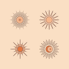 Wall Mural - Set of vector bohemian logo design templates with sun and sunburst in retro style. Boho linear icons or symbols.Trendy minimal design.Modern celestial emblems.Branding designs templates.