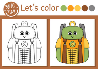 Wall Mural - Camping coloring page for children. Funny kawaii backpack. Vector nature outline illustration with cute road trip bag. Adorable summer color book for kids with colored example.