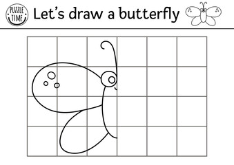 Wall Mural - Complete the butterfly picture. Vector forest drawing practice worksheet. Printable black and white activity for preschool children with insect. Copy the picture garden woodland themed game for kids.