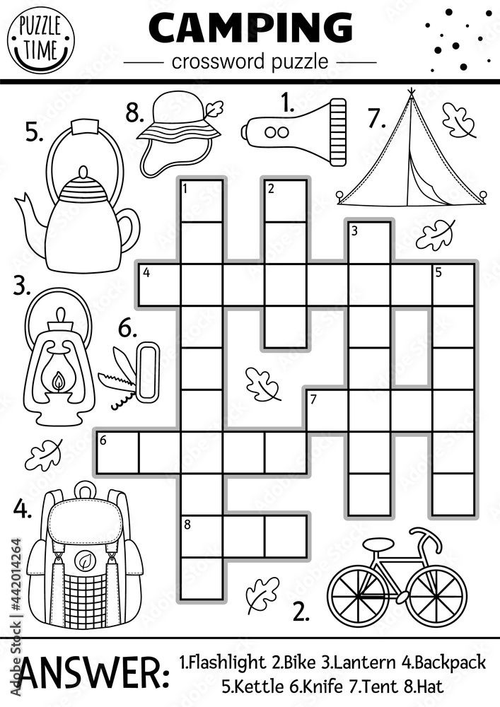 Vector Black And White Camping Crossword Puzzle For Kids Simple Summer