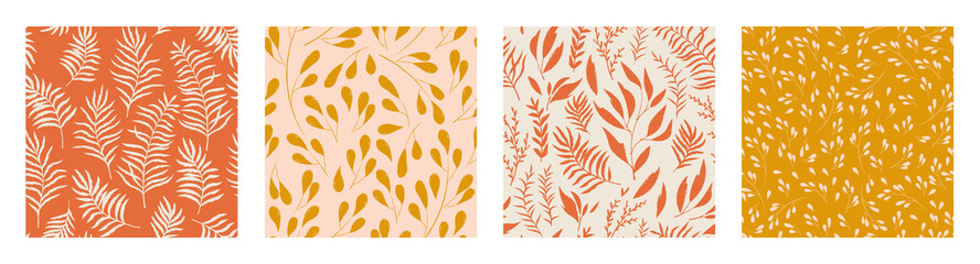 Hand drawn botanical seamless pattern set. Trendy ink drawn textures. Modern design for paper, cover, fabric, interior decor and other users. 