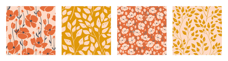 Hand drawn botanical seamless pattern set. Trendy ink drawn textures. Modern design for paper, cover, fabric, interior decor and other users. 