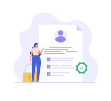 Terms And Conditions Concept. Woman Reading Document, Protecting Personal Data, Checking Documents. Concept Of Account Security, Privacy Policy, User Agreement. Vector Illustration In Flat Design