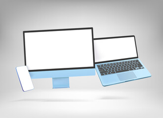 Poster - Modern color desktop personal computer, laptop and smartphone mockup. Levitation effect