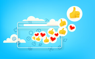 Aufkleber - Social media reaction. Concept with cute 3d style and doodle vector elements