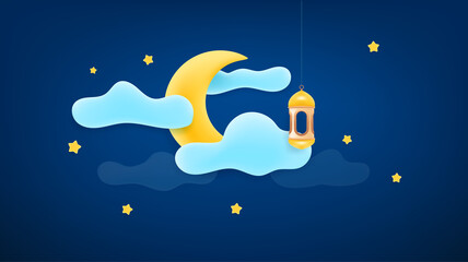 Poster - Islamic holidays decoration. Vector banner with moon and stars. Plasticine effect illustration