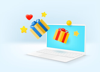 Poster - Gift boxes and modern laptop. Surprize