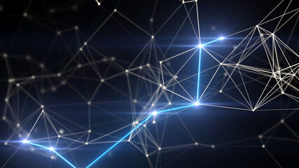 Illustration of connected nodes with a single bright line on dark blue background