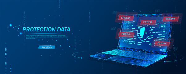 Poster - Cyber security, data protection, cyberattacks concept on blue background. Database security software development. Online security concept. Laptop protected with shield. Vector illustration