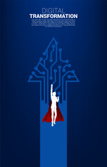 Poster - Silhouette of businessman flying to higher with arrow from dot connect line circuit. concept of digital transformation of business.