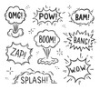 Hand drawn explosion speech bubble, splash smoke element. Comic doodle sketch. Explode speech bubble with pow, boom, omg text. Vector illustration.