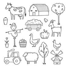 Hand Drawn Set Farm Animal, Horse, Cow, Farmer Food. Doodle Sketch Style. Agriculture Life Background, Icon. Isolated Vector Illustration.