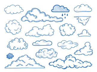 Wall Mural - Hand drawn cloud set. Doodle sketch style cloud. Simple outline scribble draw. Vector illustration.