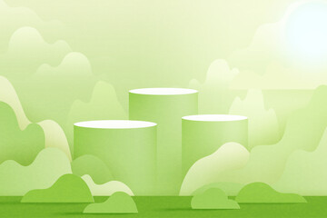 Fototapete - 3d Paper cut abstract minimal geometric shape template background.Green cylinder podium on green nature landscape scene with mountains and clouds.