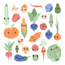 Kawaii Baby Vegetables Set, Funny Cartoon Vitamin Plant Sticker Collection. Smiling Cute Food Characters Concept Sweet Potato, Tomato, Pumpkin, Avocado, Corn Pastel Colors Clipart In Modern Flat Style