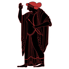 Standing ancient Greek goddess Artemis holding bow and arrows. Black and red silhouette. Vase painting style. Antique woman in long dress with raised hand.