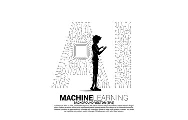 Poster - Vector silhouette man use mobile phone Polygon dot connect line shaped AI and CPU center. Concept for machine learning and artificial intelligence.