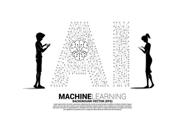 Poster - Vector silhouette man and woman use mobile phone and background dot connect line shaped AI and CPU center. Concept for machine learning and artificial intelligence.
