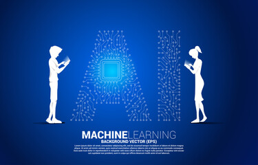 Poster - Vector silhouette man and woman use mobile phone dot connect line shaped AI and CPU center. Concept for machine learning and artificial intelligence.