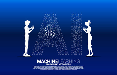 Poster - Vector silhouette man and woman use mobile phone and background dot connect line shaped AI and CPU center. Concept for machine learning and artificial intelligence.