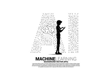Poster - Vector silhouette man use mobile phone and background dot connect line shaped AI and CPU center. Concept for machine learning and artificial intelligence.