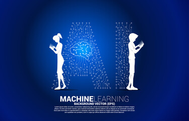 Poster - Vector silhouette man and woman use mobile phone and background dot connect line shaped AI and CPU center. Concept for machine learning and artificial intelligence.