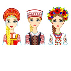 Wall Mural - Set of animation portraits of Slavic girls in traditional suits. Russia, Belarus, Ukraine. Vector illustration isolated on a white background.