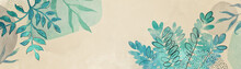 Abstract Watercolor Leaves And Plants In Minimal Black Outline That Is Hand Drawn On Beige Background With Blue Green Color Floral Design And Watercolor Blobs