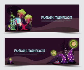 Wall Mural - Set banners or flyers with fantasy magic mushrooms cartoon vector illustration.