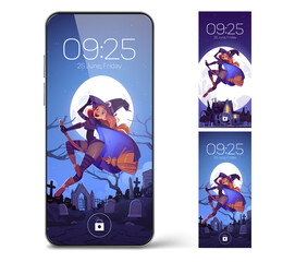 Poster - smartphone lock screen with witch flying on broom. mobile phone onboard page with date and time, dig