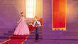 Prince invite princess for dance in castle hall. Royal couple in palace hallway with stone walls, ladder and wide window, room decorated with red banners and stairs carpet, Cartoon vector illustration