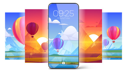 Poster - smartphone lock screen with hot air balloon on landscape background. mobile phone onboard page with 