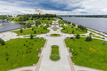 Yaroslavl, Russia. Strelka, Park On The Strelka (Spit) - A Park In The Historical Center Of Yaroslavl. Kotorosl Flows Into The Volga River. Cloudy Weather. Aerial View
