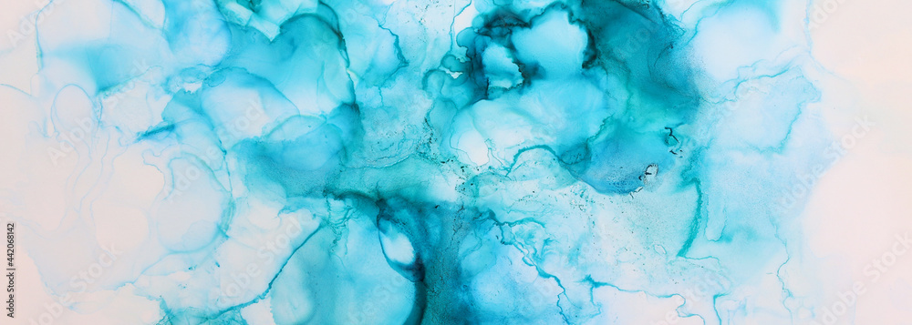 art photography of abstract fluid painting with alcohol ink, blue colors - obrazy, fototapety, plakaty 