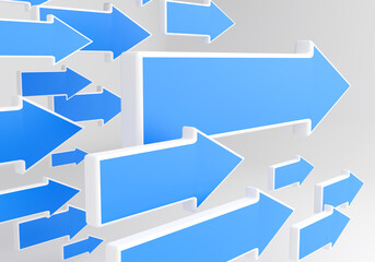 Poster - Blue arrows on a gray background. Blue arrows of different sizes. Three-dimensional arrows point in one direction. Highlighting important information. Geometric shapes indicate the direction. 3d image