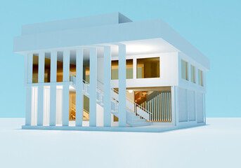 Poster - The layout of a two-story building with a flat roof. Architectural design of a modern cottage. 3d layout of the house. A three-dimensional model of a building on a blue-white background.