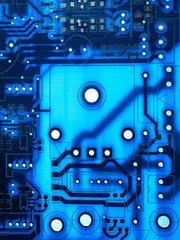 Poster - Schematic representation of the printed circuit board. Contrasting blue technical background. PCB close-up. Radio Electronics and Communications. The technological background is blue.