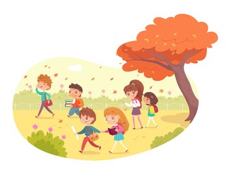 Wall Mural - School kids going to study in autumn. Happy boys and girls walking in park. Learning and primary education vector illustration. Cute schoolchildren in September with bags and books