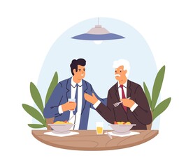 Poster - People in suits eating and talking at business lunch. Businessmen at meeting in restaurant. Office workers at dinner in cafe. Colored flat vector illustration isolated on white background