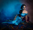 Beautiful princess closeup on the night fairytale background. Art photo.Jasmine princess cosplay.