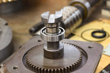 Canvas Print - Worm shaft and worm wheel in a locksmith's workshop on the assembly of the gearbox.