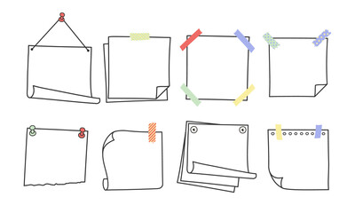 Doodle hand drawn memo notes and reminders vector illustration set. Simple drawing doodle style sketches of square paper sheets with curved corners cute diary design with clip, pins and duct tape.